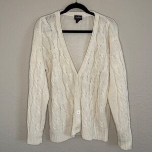 Vintage Womens Medium Oversized Cream Chunky Cable Knit Cardigan Fisherman Prep